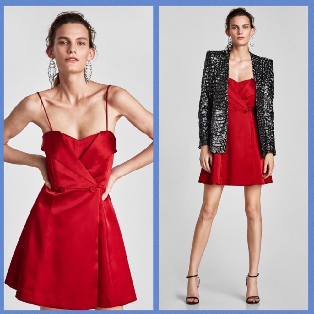 ZARA RED SATIN COCKTAIL PARTY TUXEDO STYLE SPAGHETTI STRAPS DRESS NEW WITH TAGS